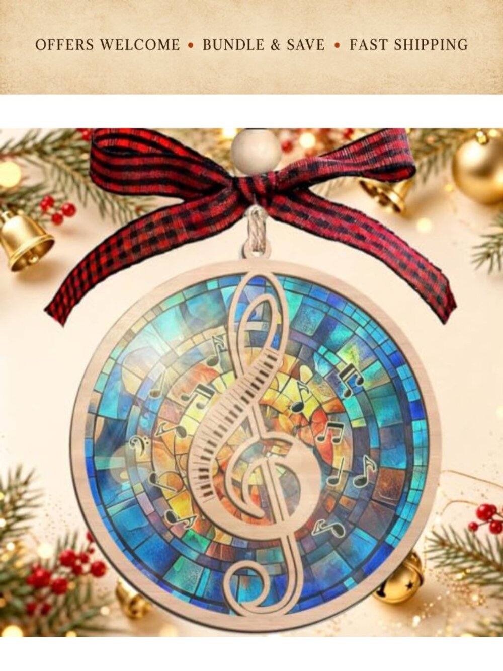 Music Note Suncatcher Christmas Ornament Plywood Acrylic Teacher Gift